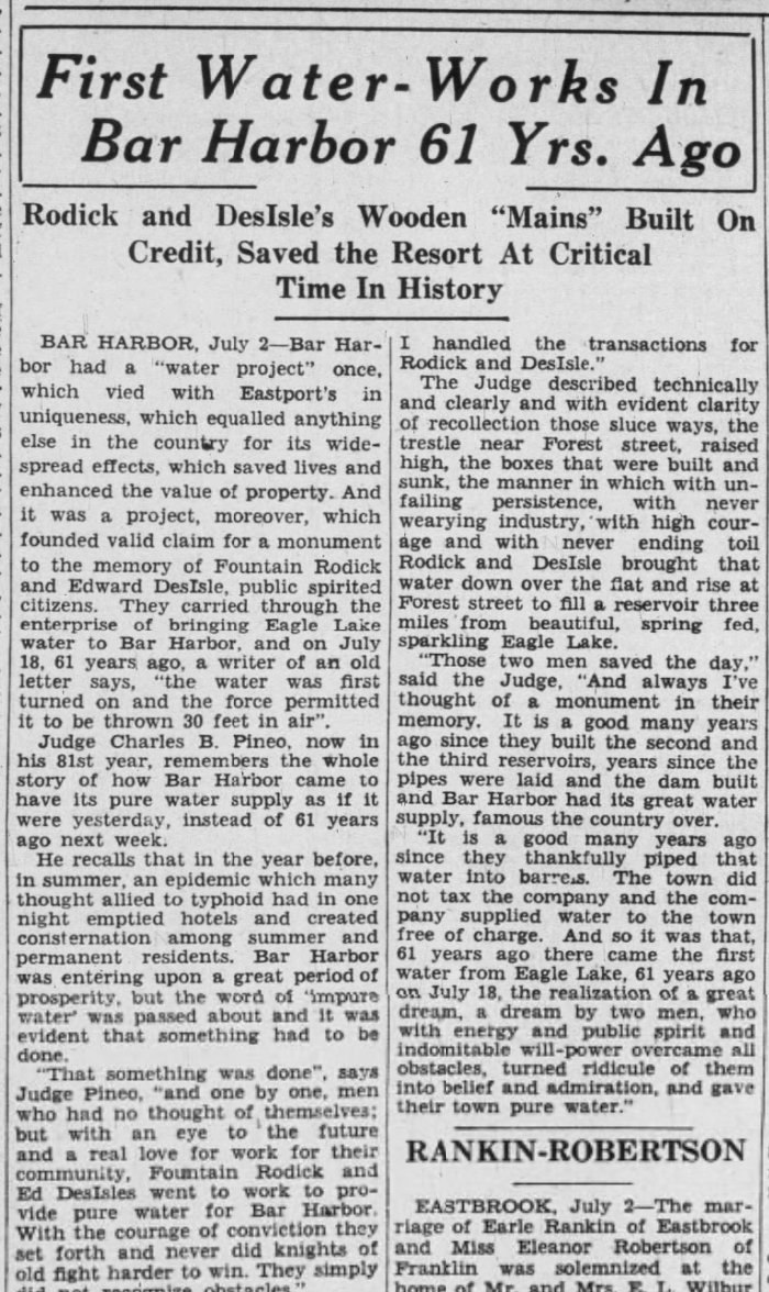 Newspaper headline reading 'First Water-Works In Bar Harbor 61 Yrs. Ago: Rodick and DesIsle's Wooden Mains Built On Credit, Saved the Resort At Critical Time In History,' followed by a long article.