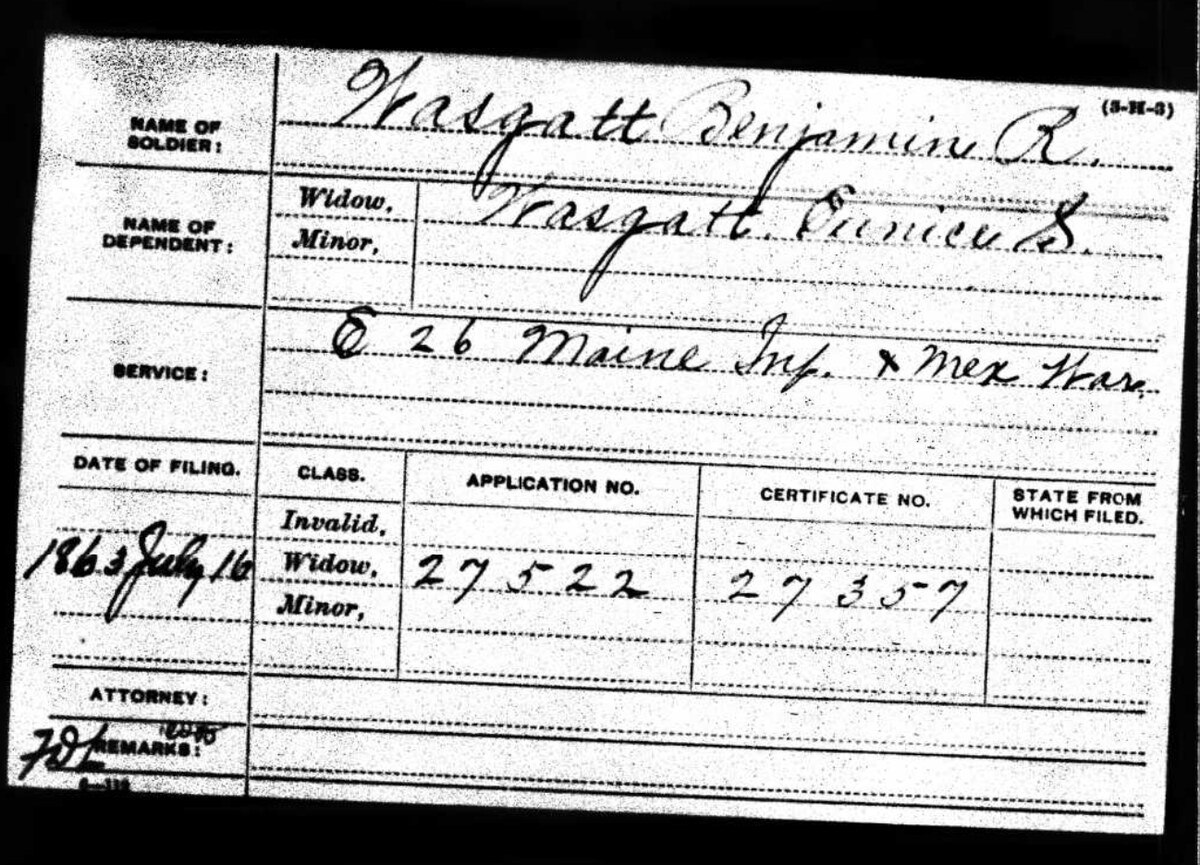 A pension claim index card. Name of Soldier: Wasgatt, Benjamin R. Name of Dependent (Widow): Wasgatt, Eunice S. Service: Co. E 26 Maine Inf & Mex War. Date of filing: 1863 July 16. Class: Widow. Application No: 27522. Certificate No: 27357.