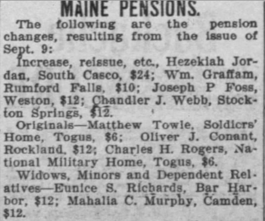 Newspaper clipping headed 'MAINE PENSIONS. The following are the pension changes, resulting from the issue of Sept. 9:' followed by a list. Under 'Widows, Minors and Dependent Relatives' is the entry: 'Eunice S. Richards, Bar Harbor, $12; Mahalia C. Murphy, Camden, $12.'