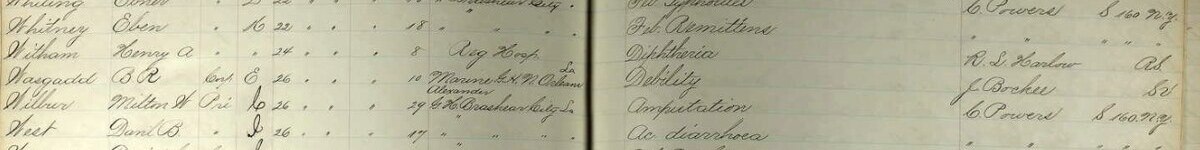Cropped detail from a handwritten Civil War burial register at Chalmette National Cemetery, Louisiana. Visible is the entry: 'Wasgadd B R Cor[poral] E 26 [Maine] May 10 [1863] Marine [Hospital] N. O[rleans] Alexander, Debility, J. Bockee S2.' Surrounding entries record other Union deaths in May 1863 from diphtheria, amputation, acute diarrhoea, typhoid, and vulnus sclopeticum.