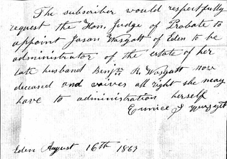 A handwritten letter signed 'Eunice S. Wasgatt' and dated 'Eden, August 16th, 1863,' asking the Honorable Judge of Probate to appoint Jason Wasgatt of Eden as administrator of the estate of her late husband Benjamin R. Wasgatt, and waiving any right she may have to administer the estate herself.