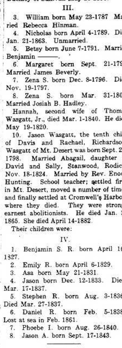 A printed genealogy excerpt listing the children of Davis and Rachel (Richardson) Wasgatt. Number 10 is Jason Wasgatt, born September 2, 1798, married Abigail Rodick November 18, 1824. The entry notes he was a schoolteacher, settled first in Mt. Desert, moved a number of times, and finally settled at Cromwell's Harbor where they died, and that they were 'strong, earnest abolitionists.' Their children are then listed.